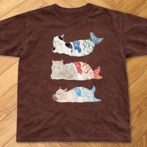 Cute Koi Fish Cat Graphic T Shirt Brown Japanese Style Cat Art Tee